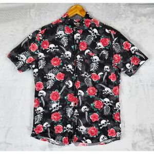 WEI Shirt Mens Small Roses‎ Skulls Allover Print Hawaiian Short Sleeve  Casual